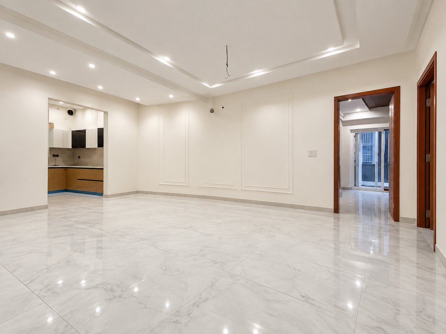 Golden Valley — 3 BHK: Living area with adjoining kitchen and room doorways